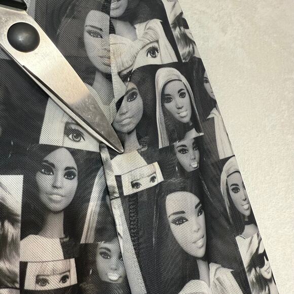 Barbie x Forever 21 Small Long Sleeve Top Sheer Mesh Doll Print Black Festival - Picture 9 of 13